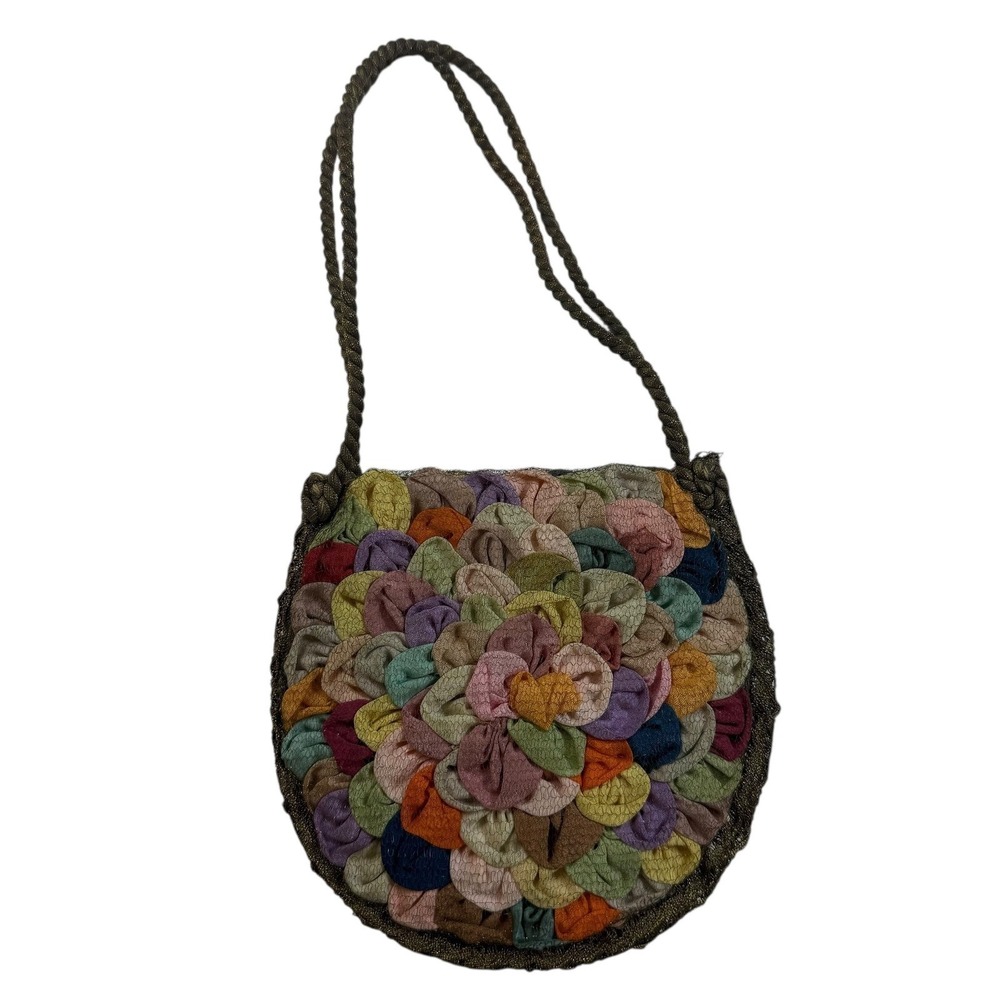 Antique Handmade German Silk Petals Purse Multi Color‎ Floral Evening Bag